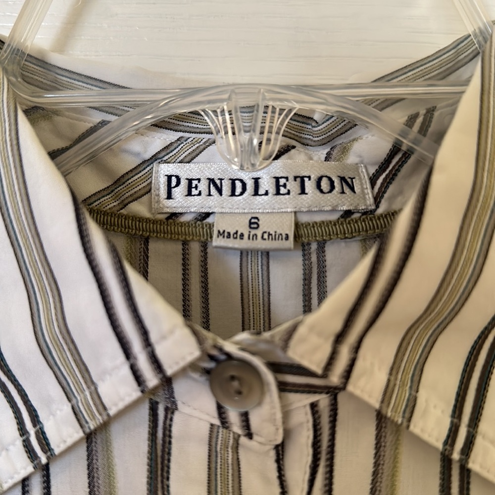 Pendleton Button Up Green White Striped Long Slee… - image 3